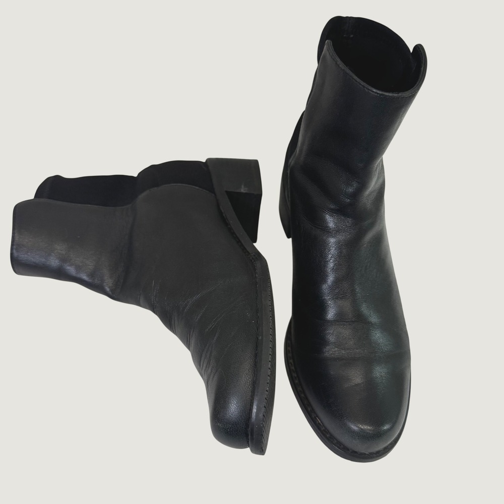 Stuart Weitzman Wom 4.5  Black Leather Stretch Back Ankle Boots Block Heel Spain